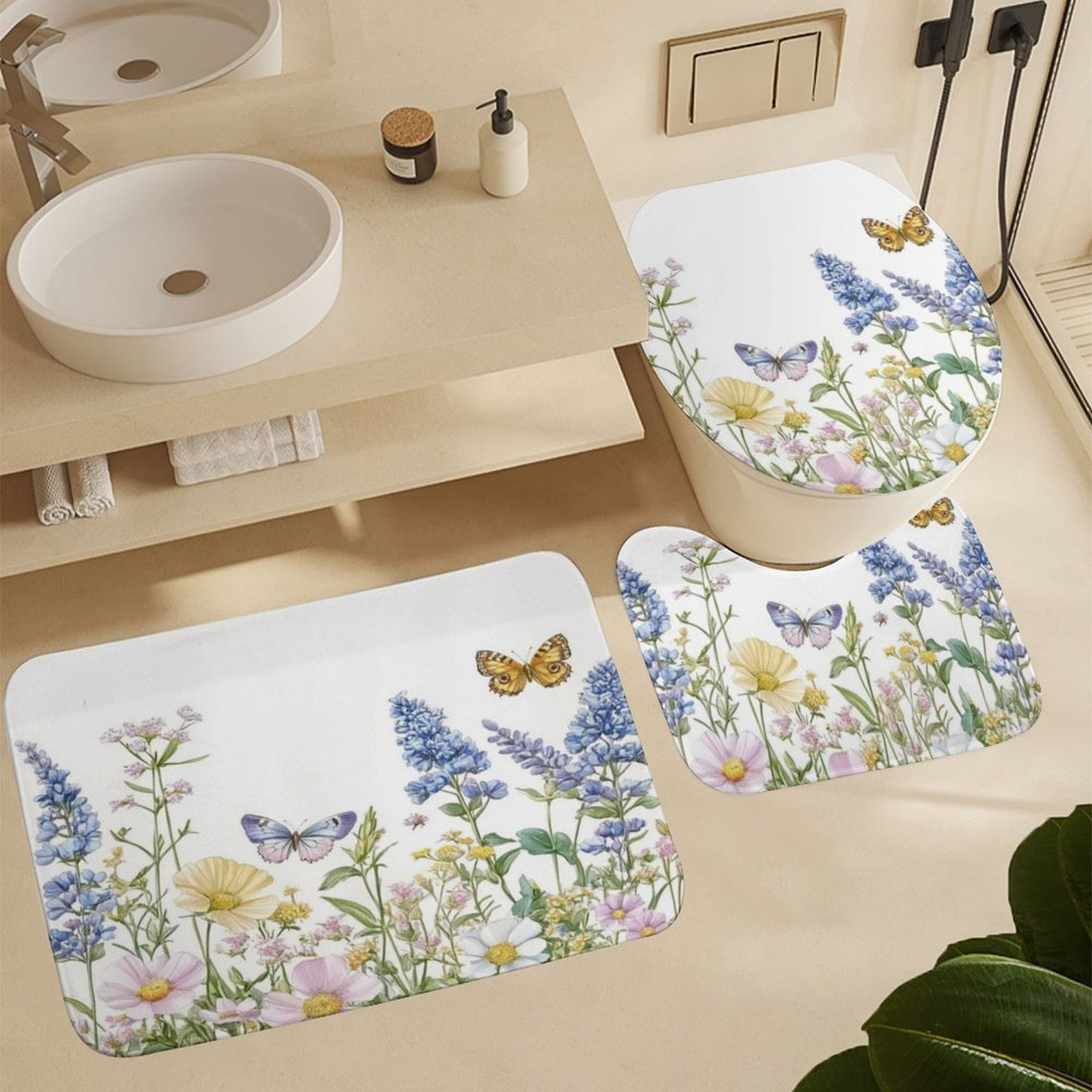 Shower Curtain 4 Piece Sets Sage Green Wild Flower Plant with Rugs Toilet Lid Cover And Bath Mat Seasonal Floral Butterfly Farmhouse Bathroom Decor Set for Bathroom Decor 72inch X 72inch