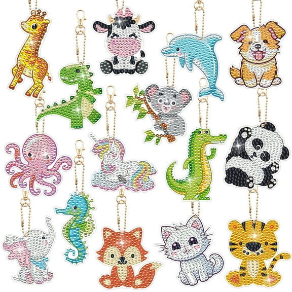 15PCS Diamond Painting Keychains Animal Diamond Art Ornaments, Dinosaur Panda...