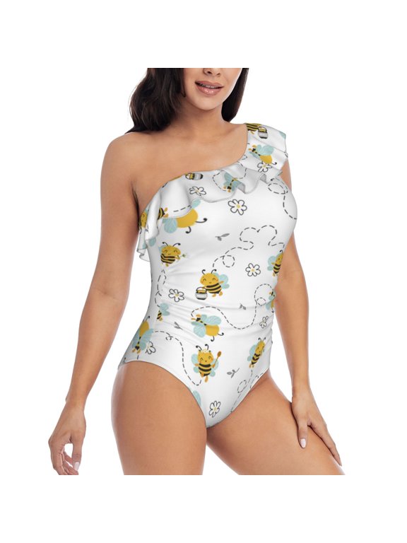 Picia Bee Pattern Women's One Piece Swimsuits,One Shoulder Swimwear Asymmetric ,Ruffle Monokinis Bathing Suits,High Waisted Flattering Bathing Suits-Small