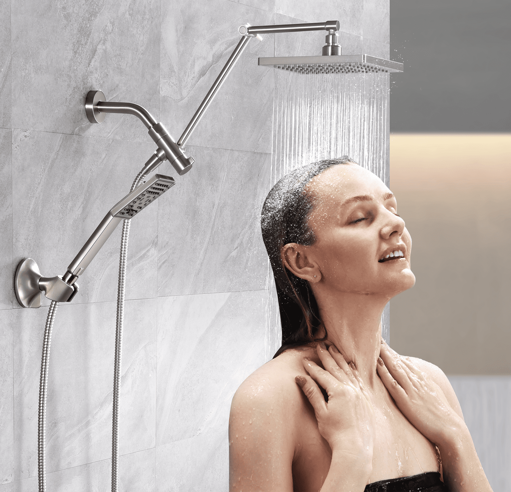 Bright Showers High Pressure Rain Shower Head Combo with Double Extension Arm, 8 Inch Rainfall Shower Head with Handheld Spray, Height Adjustable Dual Square Showerhead Set, Brushed Nickel