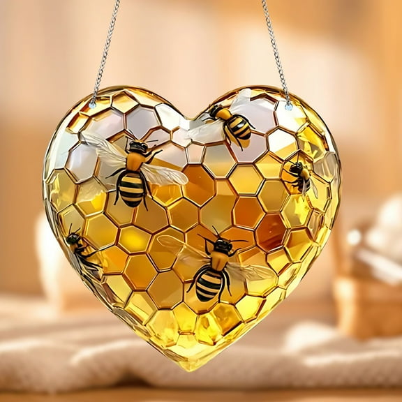 Honey Bee Hearts,Bee Heart Shaped Acrylic Stained Glass Window Hanging Decor,Honeycomb 2D Acrylic Suncatcher Window Panel Art Crafts Door Sign Ornaments for Spring Summer First Bee Day Decorations