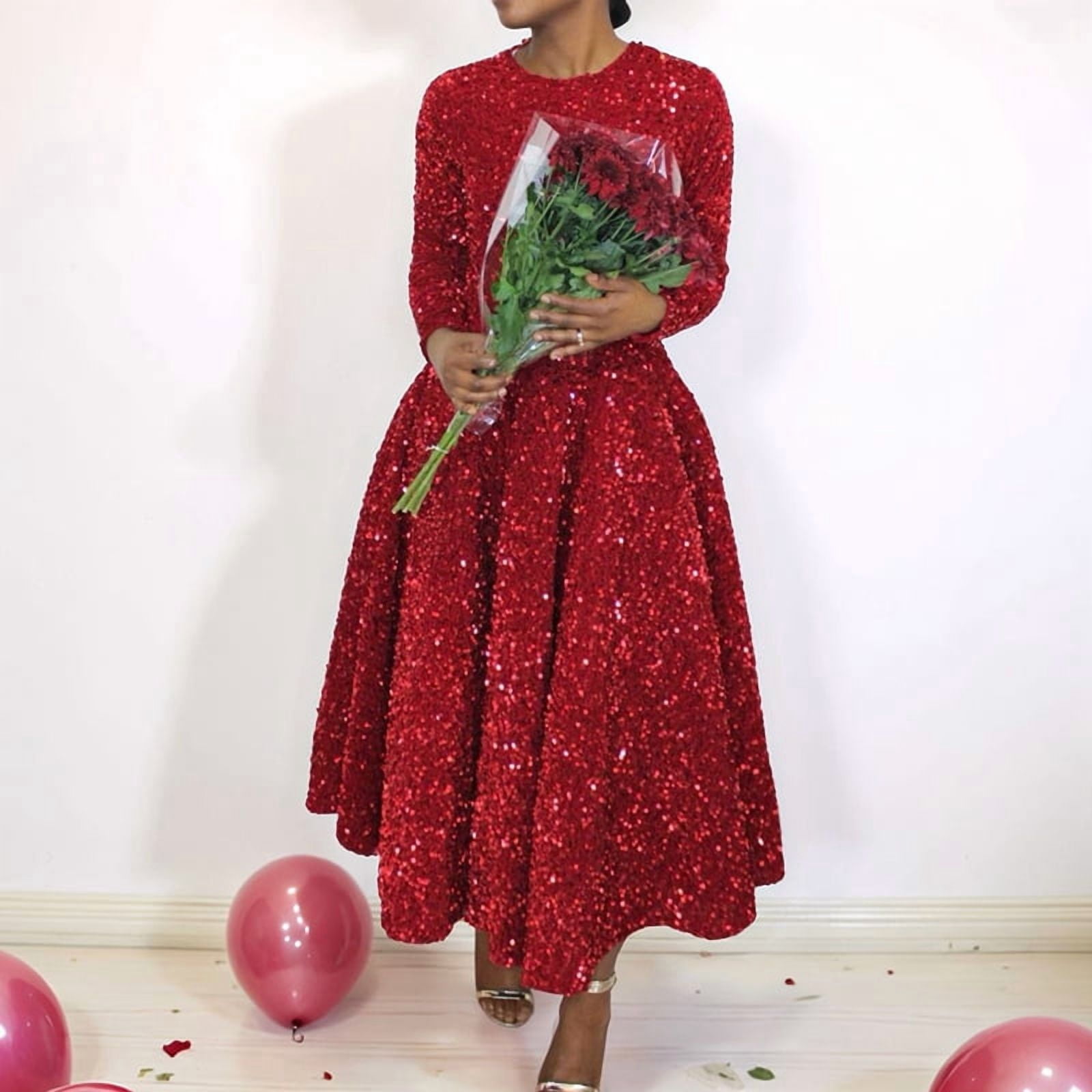 Women'S Sequin Plus Size Long Sleeve A-Line Flared Party Cocktail Sparkle Glitter Evening Shiny Maxi Dress Red L