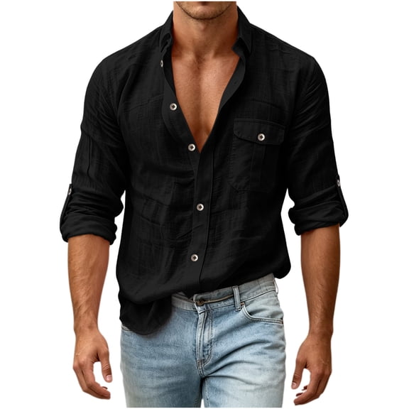 IROINNID Men Textured Slub Linen Blend Turn Down Collar Button Front Long Sleeve Shirt Single Chest Pocket Roll Tab Cuff Regular Fit Casual Daily Vacation Top(Black,S)