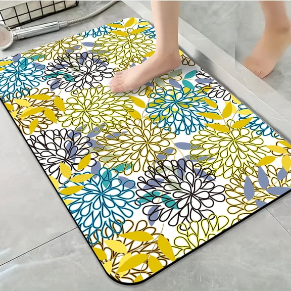 1pc Yellow and Blue Abstract Floral Bathroom Rug Bathroom Decor and Accessories- Durable,Anti Slip,And Quick Drying,Suitable For Indoor/outdoor Use - Perfect For Bathrooms,Bedrooms,Kitchens