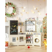 LAZY BUDDY Wooden Corner Play Kitchen, Toddler Kitchen Playset Interactive Pretend Toy with Lights & Sounds, for Children Age 3 