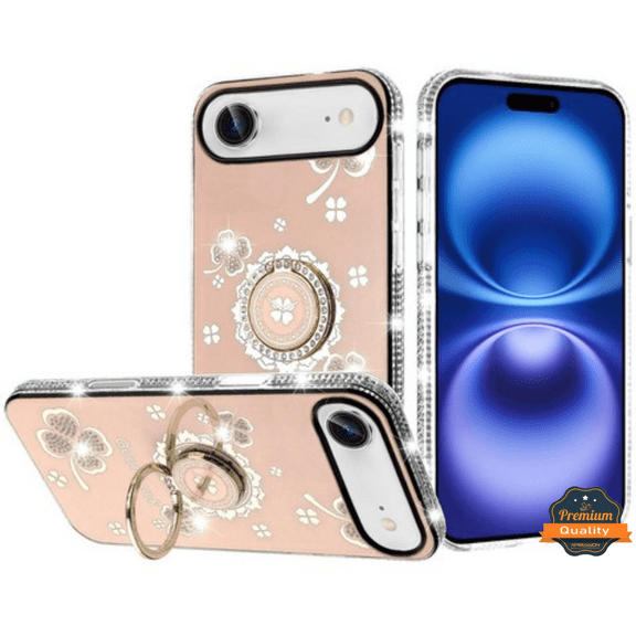 For Apple iPhone 17 AIR Fashion Glitter Diamond Edge with Ring Stand Bling Case Floral Cover [Gold]