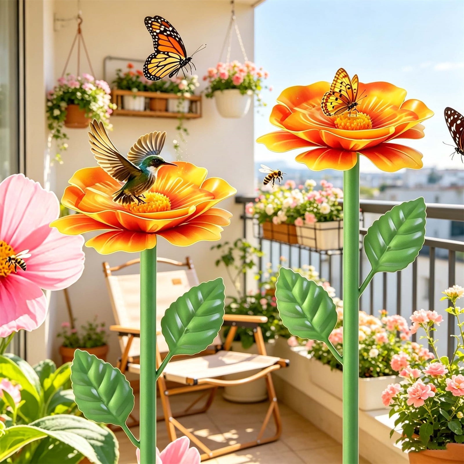 Bird Bath for Outside, 1 Pack Metal Flowers Garden Stake Bird Feeder & Bee Bath, Outdoor Flower Bird Bath Bee Watering Station for Garden (Orange)