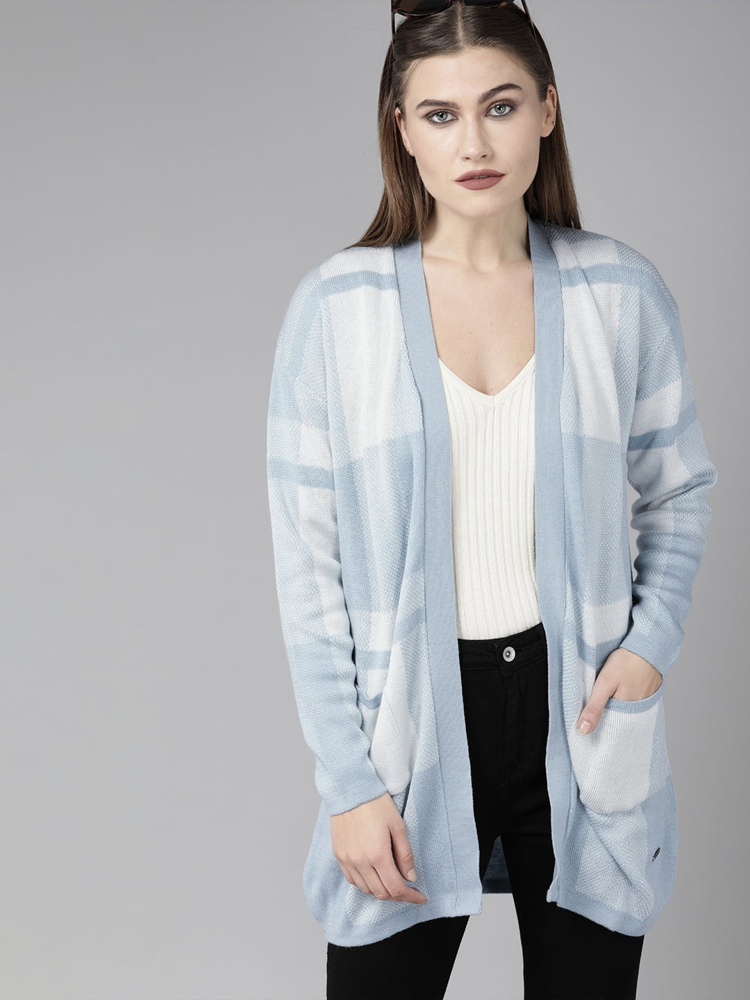 Roadster - By Myntra Women Blue u0026 White Checked Longline Ready to Wear  Front-Open Long Sleeves Acrylic Sweater With Pockets Winter Dresses for  Girls - Walmart.com