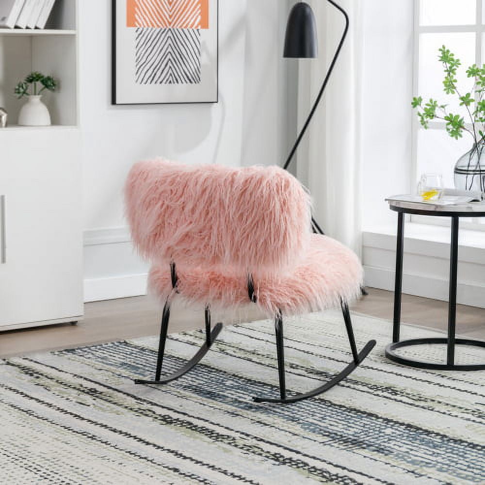 BSHTI25.2'' Wide Faux Fur Plush Nursery Rocking Chair, Baby Nursing Chair, Fluffy Upholstered Glider Chair, Comfy Modern Chair for Living Room, Bedroom (Pink)