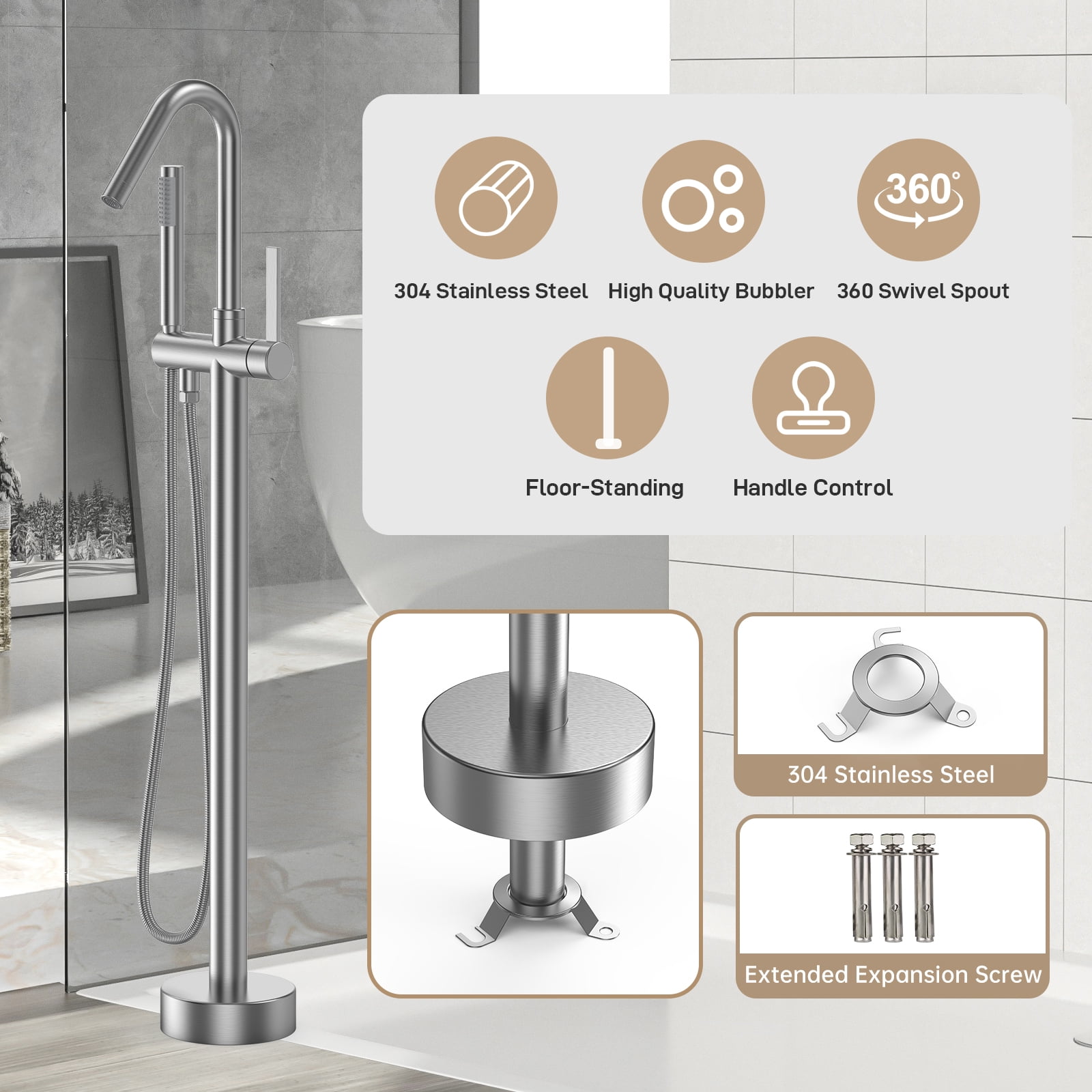 Freestanding Floor Tub Filler Standing High Flow Shower Faucets, Shower Mixer Taps, Swivel Gooseneck Spout with Cylinder Handheld Mount Bathtub Faucet, Brushed Nickel
