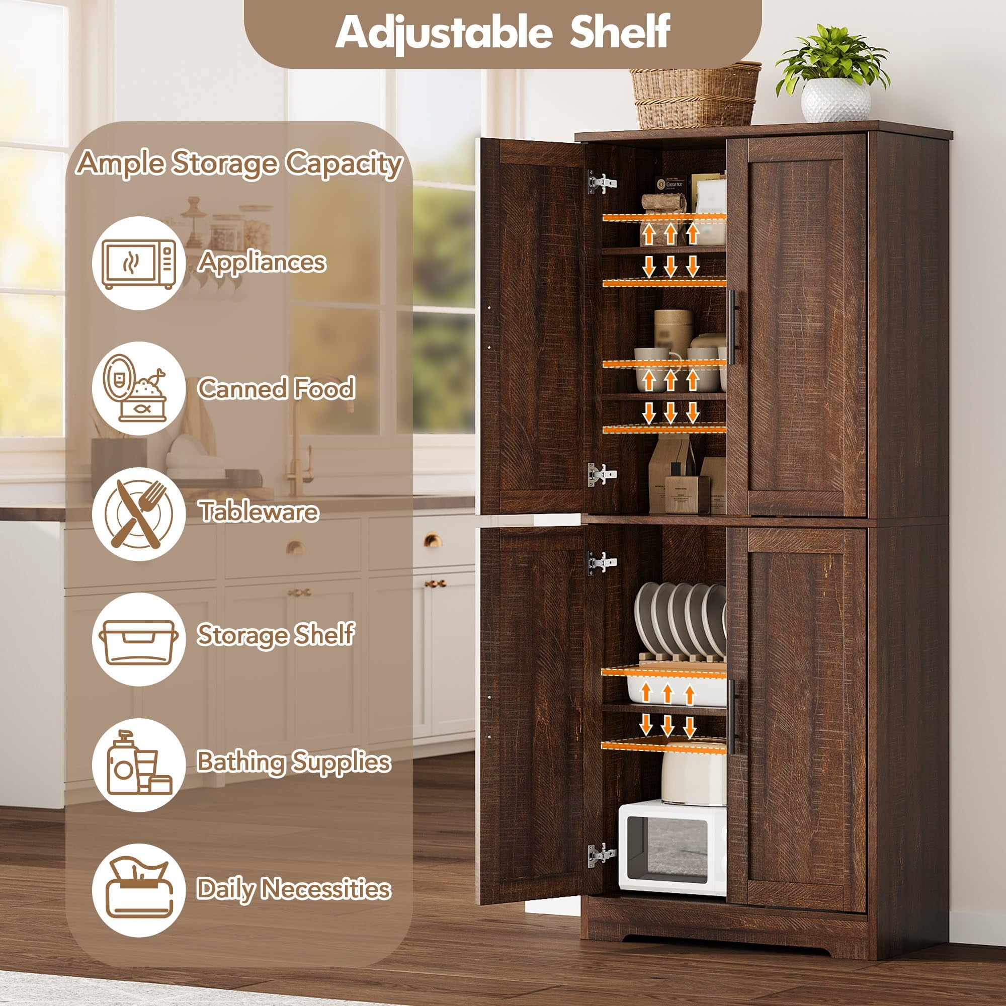 BouPower Pantry Cabinet,70" Tall Kitchen Pantry Cabinet with 2 Doors and 3 Adjustable Shelves, Freestanding Cupboard, Modern Tall Storage Cabinet for Bathroom, Dining Room, Living Room