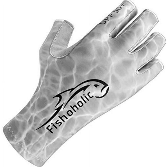 Fishoholic Fingerless Fishing Glove L/XL w' Super Grip UPF50  Sun Protection Fishing Gloves Sun Screen UV Glove for Men and Women Kayaking Hiking Paddle Board Paddling Rowing Canoe (GreyCamo, L/X