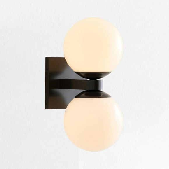 Globe Shade Brass Finish accents Double Light Sconce , Steel frame , ovalled mirror , chrome bathroom sconces , indoor sconce wall lights(Black)