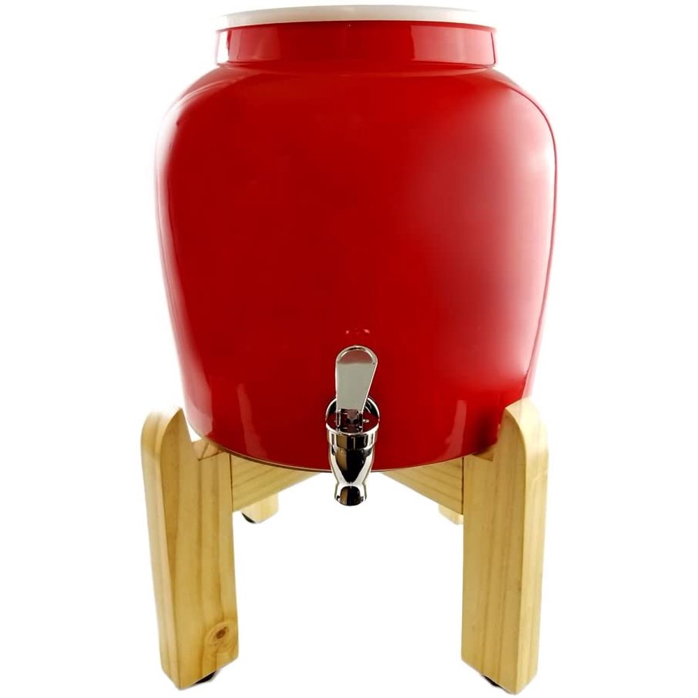 Premium Solid Red Porcelain Water Crock Dispenser & Wood Counter Stand