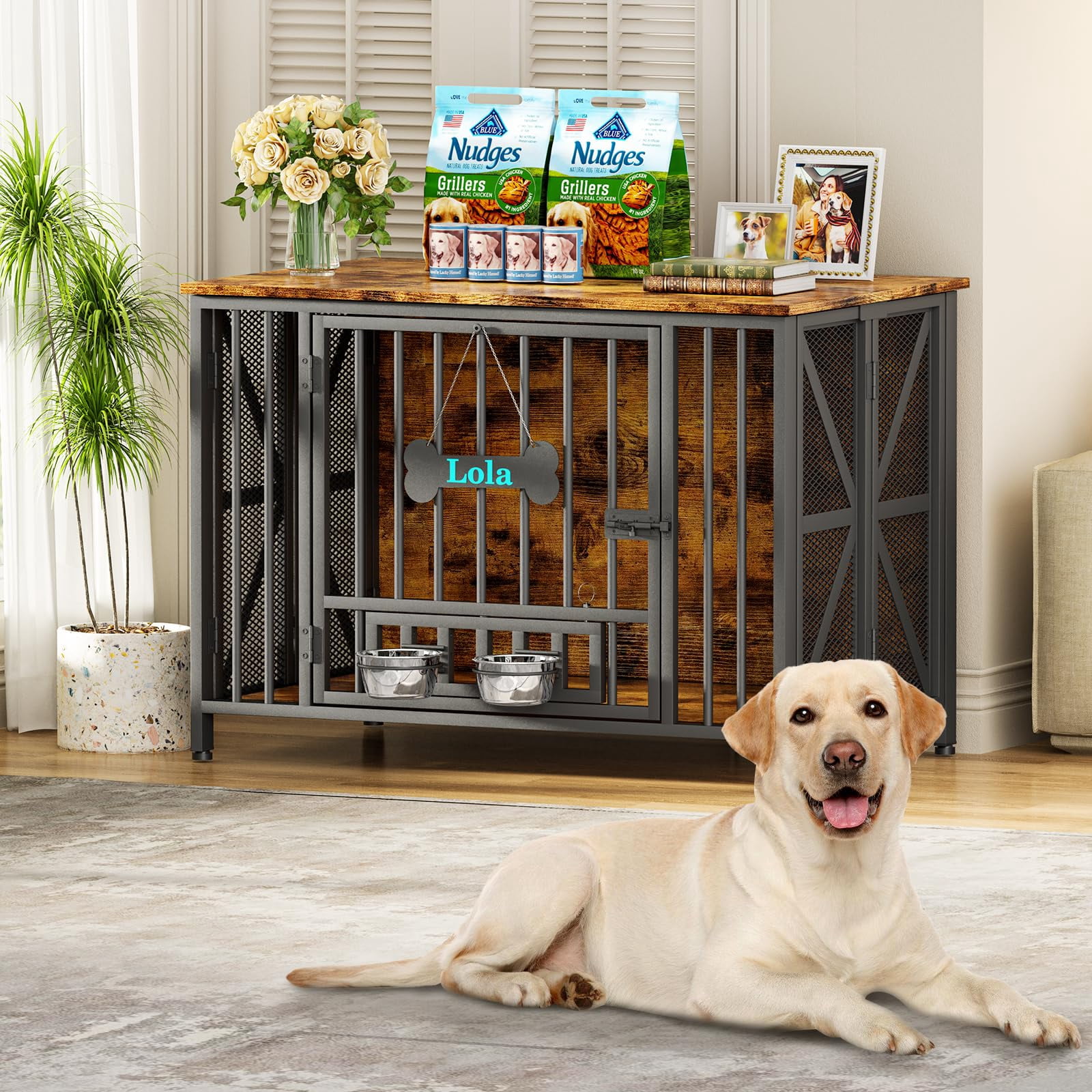 POAO Foldable Large Dog Crate Furniture, 41.3"Assembly-Free Dog Crates for Large Dogs, Wooden Dog Kennel Indoor with Tag & Dog Bowls, Rustic Brown