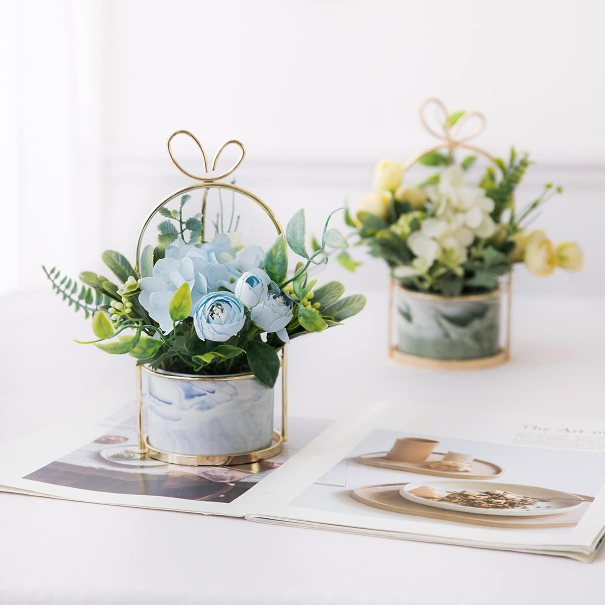 Artificial Flowers Hydrangea with Ceramic Vase Silk Chrysanthemum Mini Potted Fake Flowers Hanging Potted Plants for Wedding Home Office Decoration Pack of One (White)