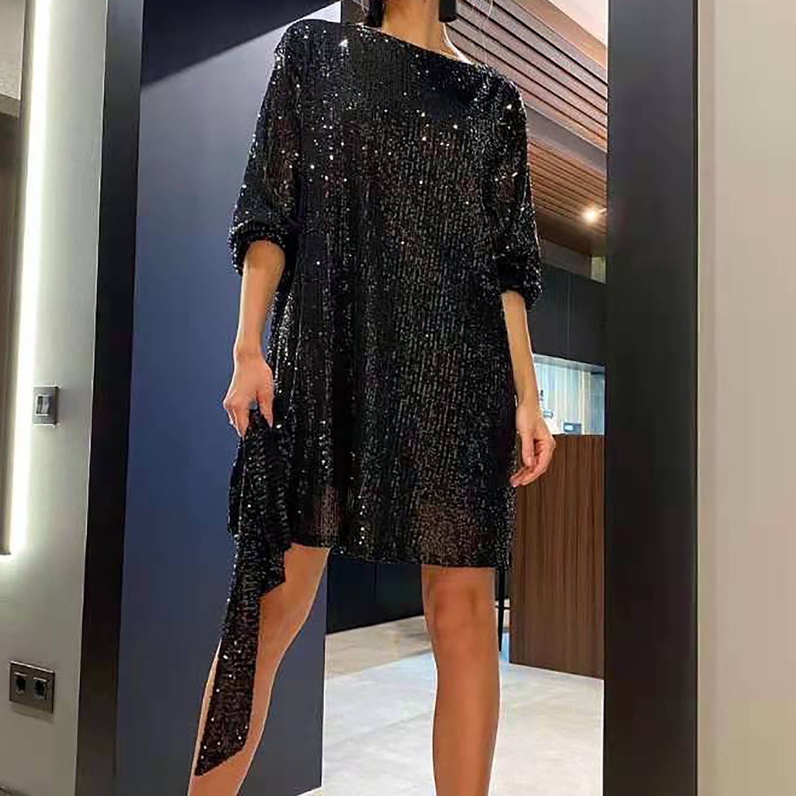 Sequin Dress for Women Long Sleeve Crewneck Evening Dresses Silver Sparkly Mini Short Dress Cocktail Party Prom Formal Dress