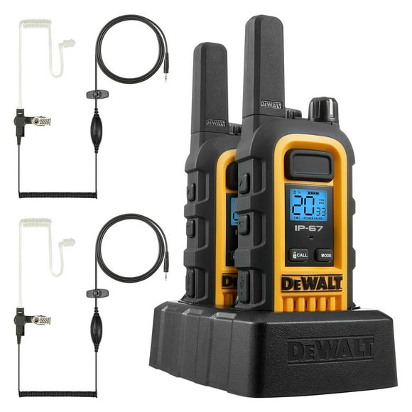 2 DEWALT Walkie Talkies PLUS Earpieces - DXFRS300 1 Watt, Heavy Duty, Waterproof, Shock Resistant, Long Range Two-Way Radio Set with VOX, 2 Pack of Radios and 2 DXFRS-SV1 Headsets