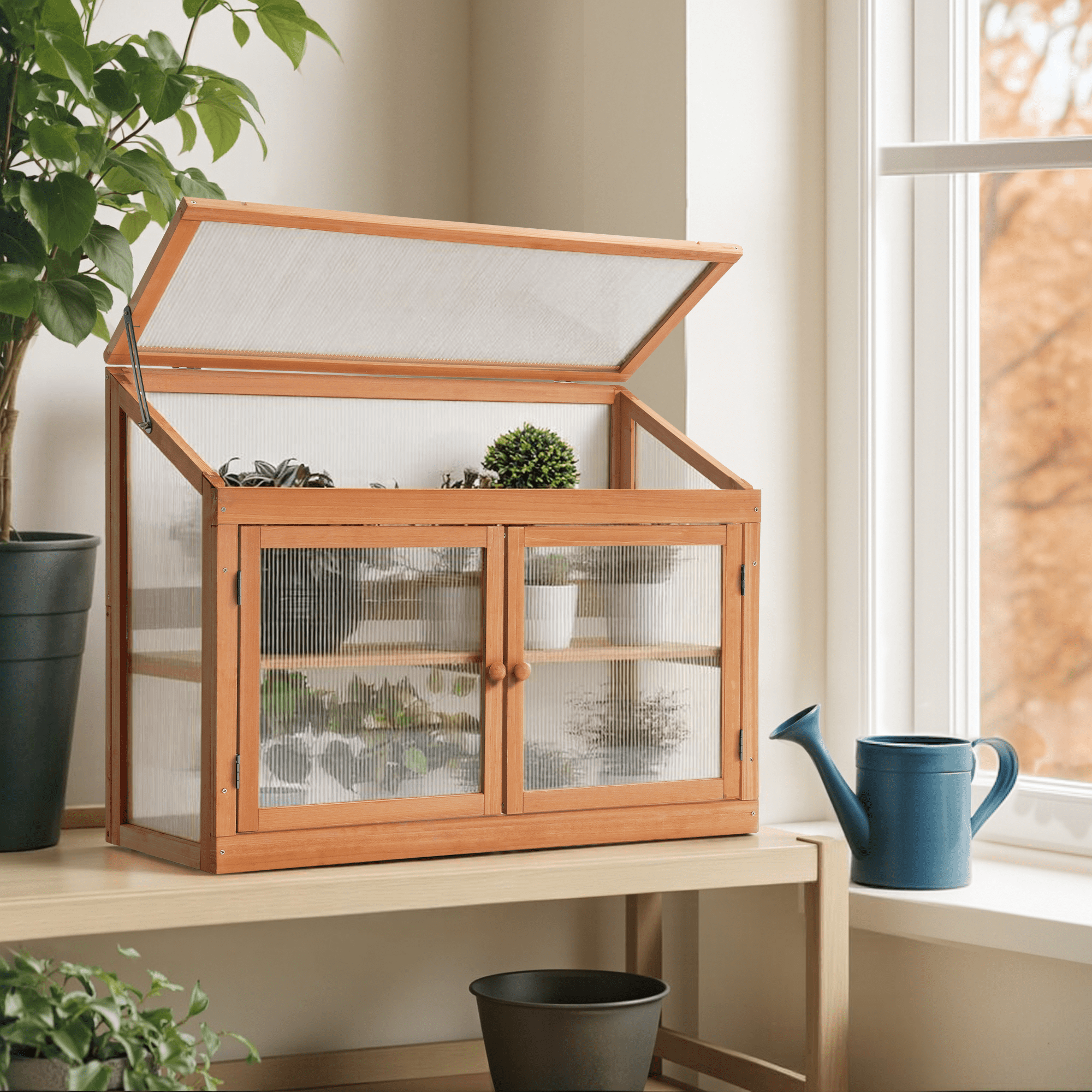 Mcombo 2-Tier Wooden Cold Frame Garden Greenhouse Raised Flower Planter Shelf Bed Protection 0160
