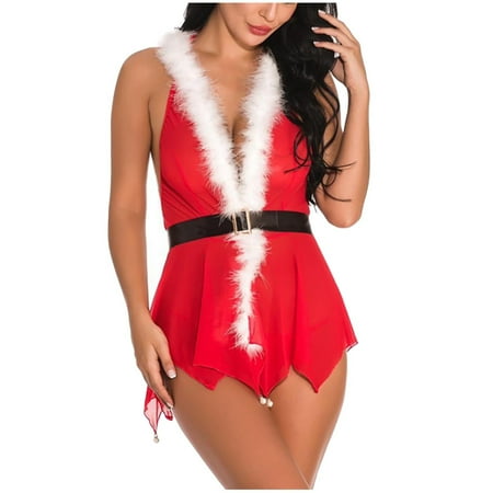 

Christmas Lingerie for Women Fuzzy Santa Lingerie Sexy Backless Babydoll Cami Nightgowns with Hood