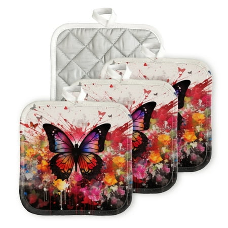 

BaHomeck Pot Holders 4pcs dacron Made Square heat-resisting mat Machine Washable for Kitchen Oven Hot Pads 6.7inch*6.7inch Colorful Butterfly Surrounded By Splashes Of Paint