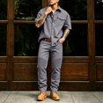 thumbnail image 2 of Men's 2 Piece Cargo Set Short Sleeve Button Down Shirt with Pockets and Casual Trousers Workwear Outfit, 2 of 7