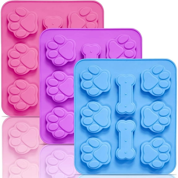 Siloon 3 Pack Silicone Molds with Puppy Dog Paw and Bone Shaped 2 in 1, Reusable Non-Stick Ice Cube Trays & Flexible Candy Chocolate Molds for Homemade Dog Treats, Pudding, Jelly & Baking Biscuits
