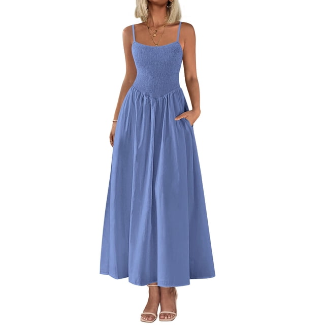 Vestido largo PRETTYGARDEN para mujer, fruncido, verano, playa, azul