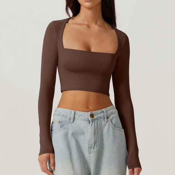 Womens Sexy Square Neck Open Umbilical Top Long Sleeve Slim Fit Short T Shirt Heated Long Sleeve Shirt Women Warm Thermal Underwear for Women Thermal Shirts for Men Pack Mens Tops Thermal Top Women