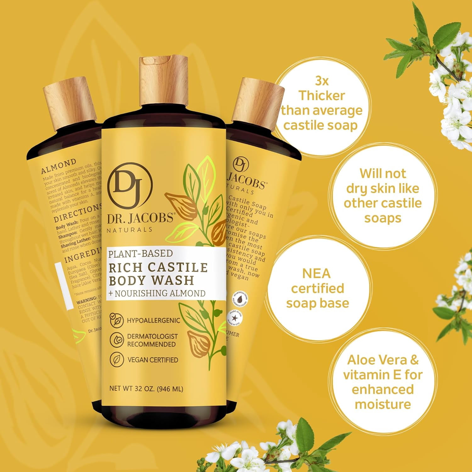 Dr Jacobs Naturals Castile Soap Body Wash Plant Based Liquid Soap, Almond 32 Oz 3-Pack