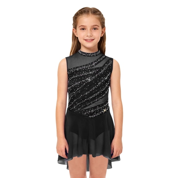 LiiYii Girls Latin Jazz Lyrical Dance Dress Ballroom Dancewear Ballerina Outfits High-Low Hem Tutu Skirt Black 14
