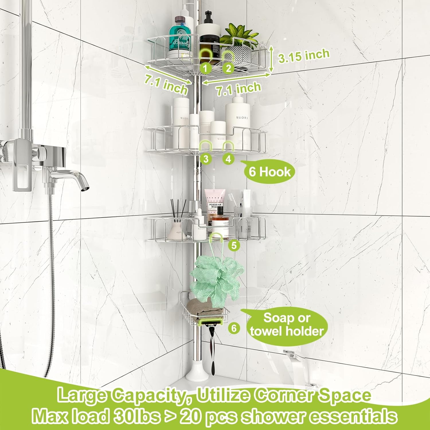 Silver Shower Caddy Corner Tension Pole, Stainless Steel AdjustableCorner Shower Caddy Stand for Bath Inside Shower Organizer Storage, Rust-Resistant, 54 to 125 Inch
