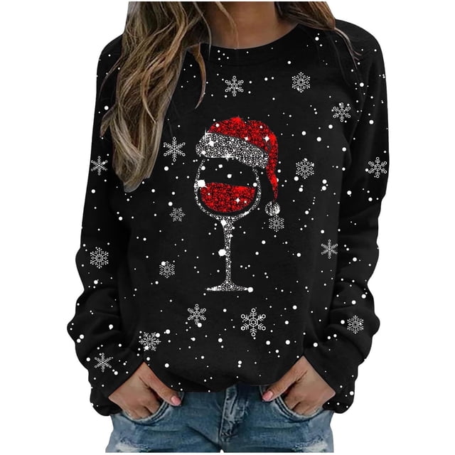 Chandail Décontracté Sans Capuche pour Femme, Automne Hiver, Flocon de Neige de Noël, Verre Rouge Imprimé, Col Rond, Manches Longues