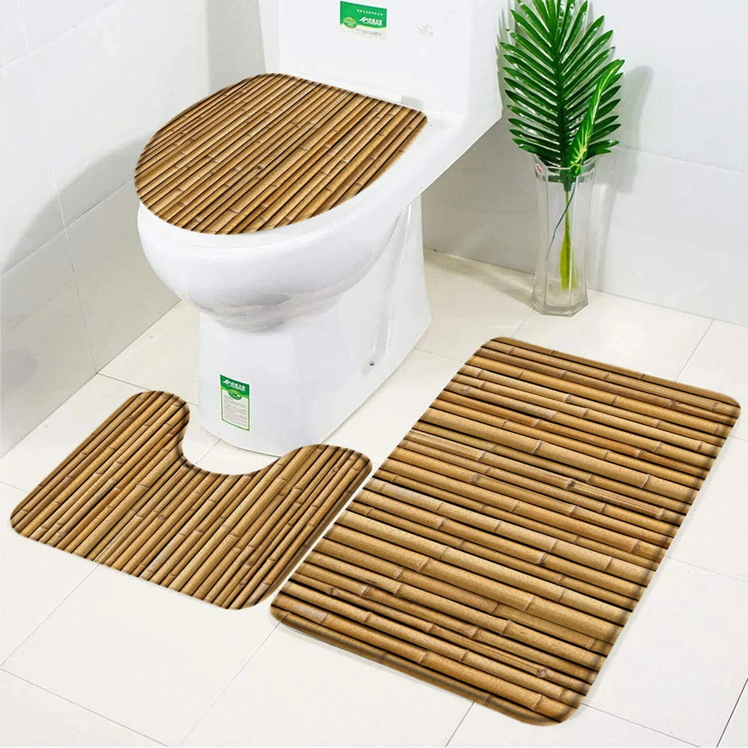 Ocean Beach Bath Mat Set Sea Waves Coconut Trees Starfish Dolphin Nature Scenery Carpet Bathroom Decor Non-Slip Rug U Shape Mats