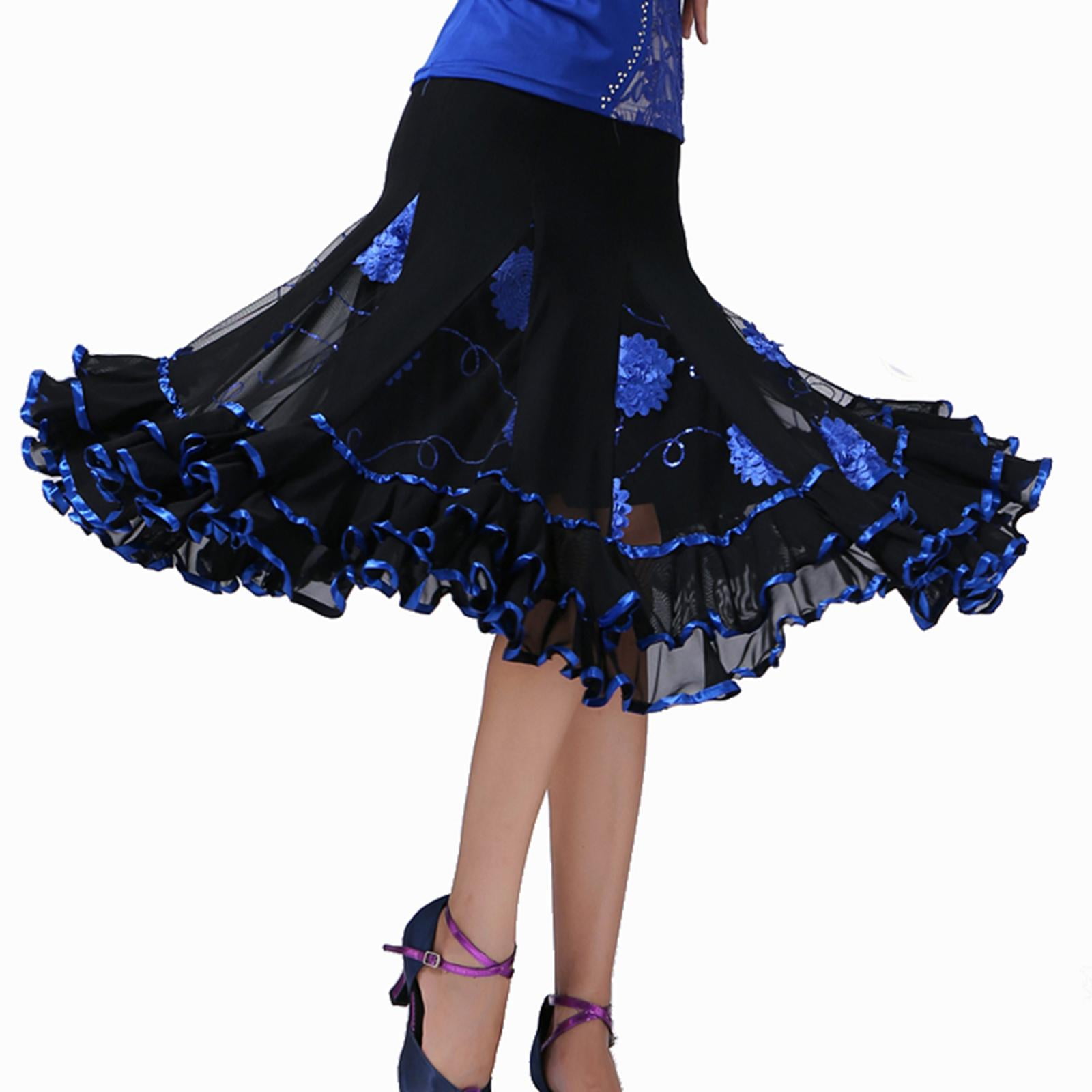 Elegant Ballroom Dance Skirt Dancing Practice Party Long Skirt Dancewear Blue