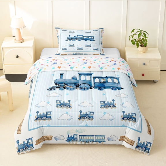 Castle Fairy Watercolor Train Twin Comforter Sets 3-Piece for Teens, Stripe Cloud Art Bedding Set for Bedroom, Light Blue White