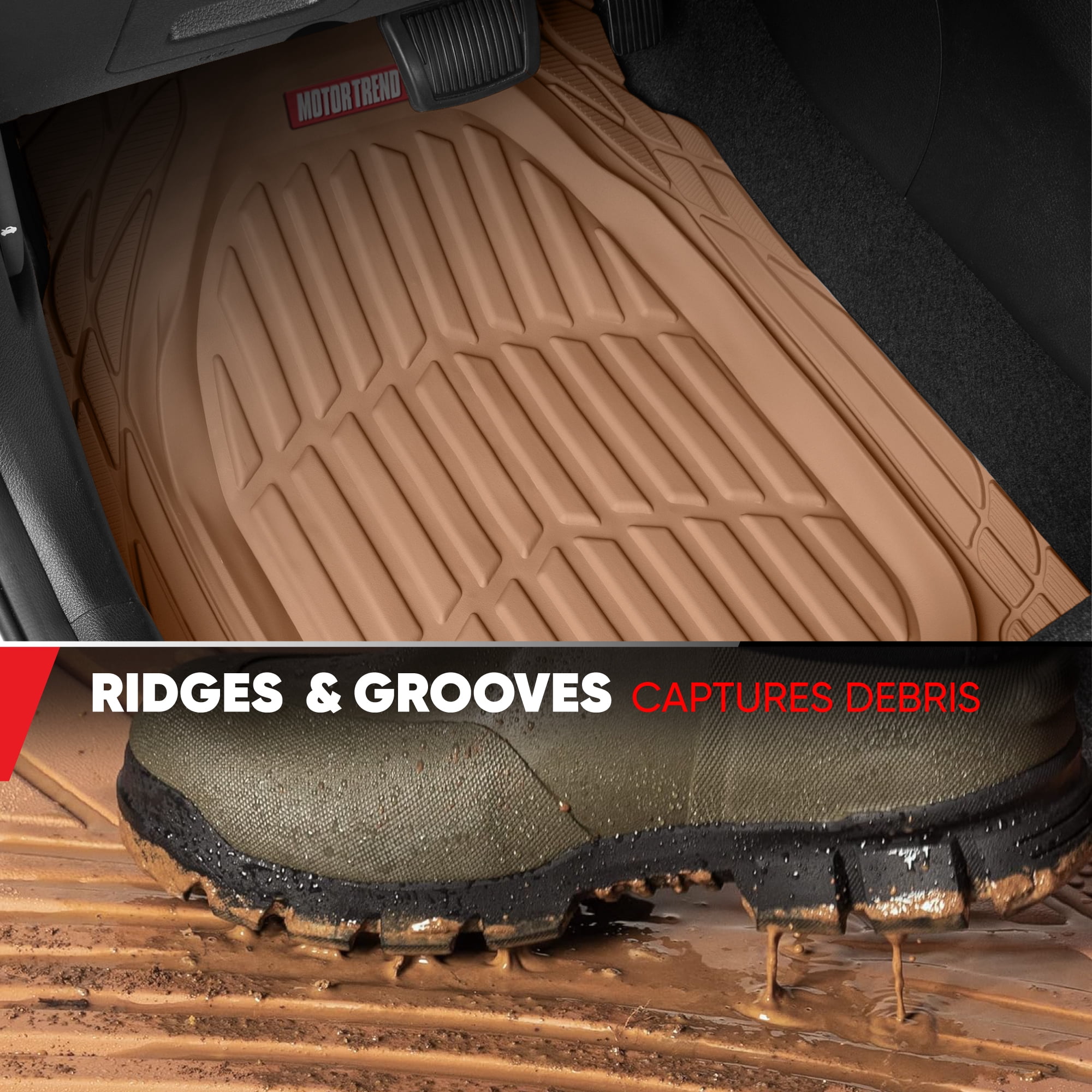 FlexTough Contour Liners Deep Dish 3 pc Rubber Floor Mats with Traction Grips Car Accessories (Beige)