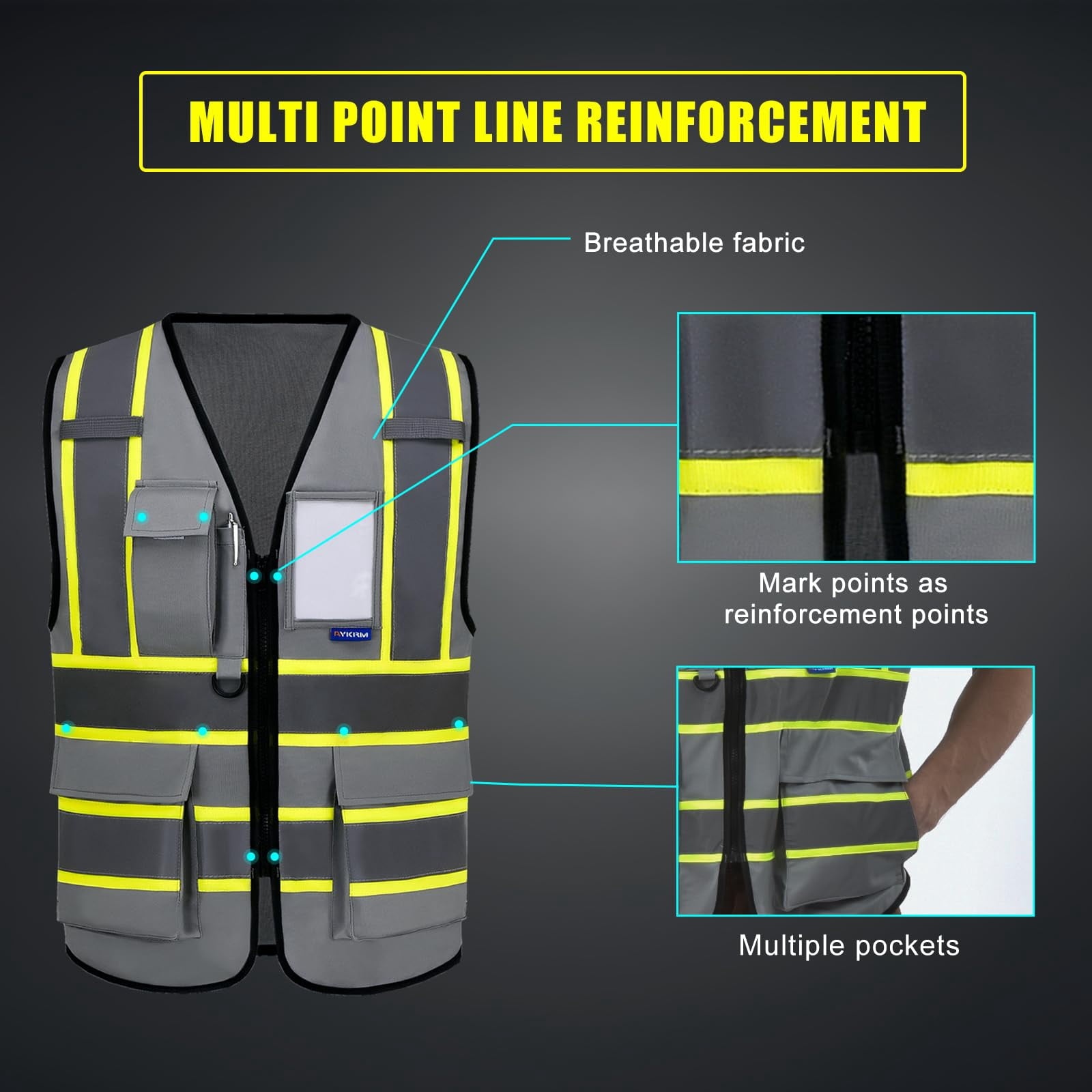 AYKRM Security Vest for Men Women 7 Pockets High Visibility Reflective Safety Vest Front Zipper Meets ANSI/ISEA