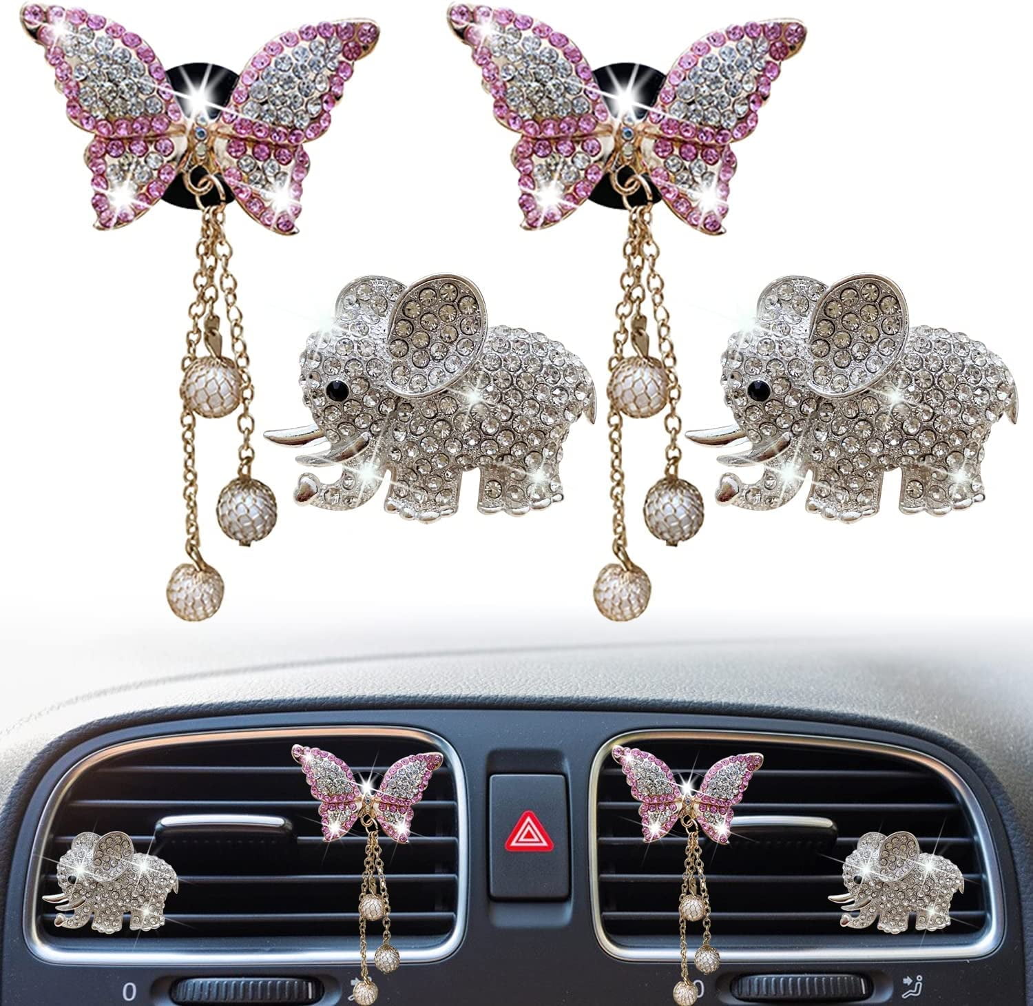 Bling Butterfly Elephants Air Vent Clips, 4 Pcs Pink Butterfly Car Air