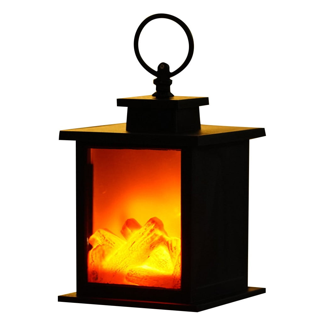Black Fireplace Lantern with LED Lights 4.72x4.72x7.28" 