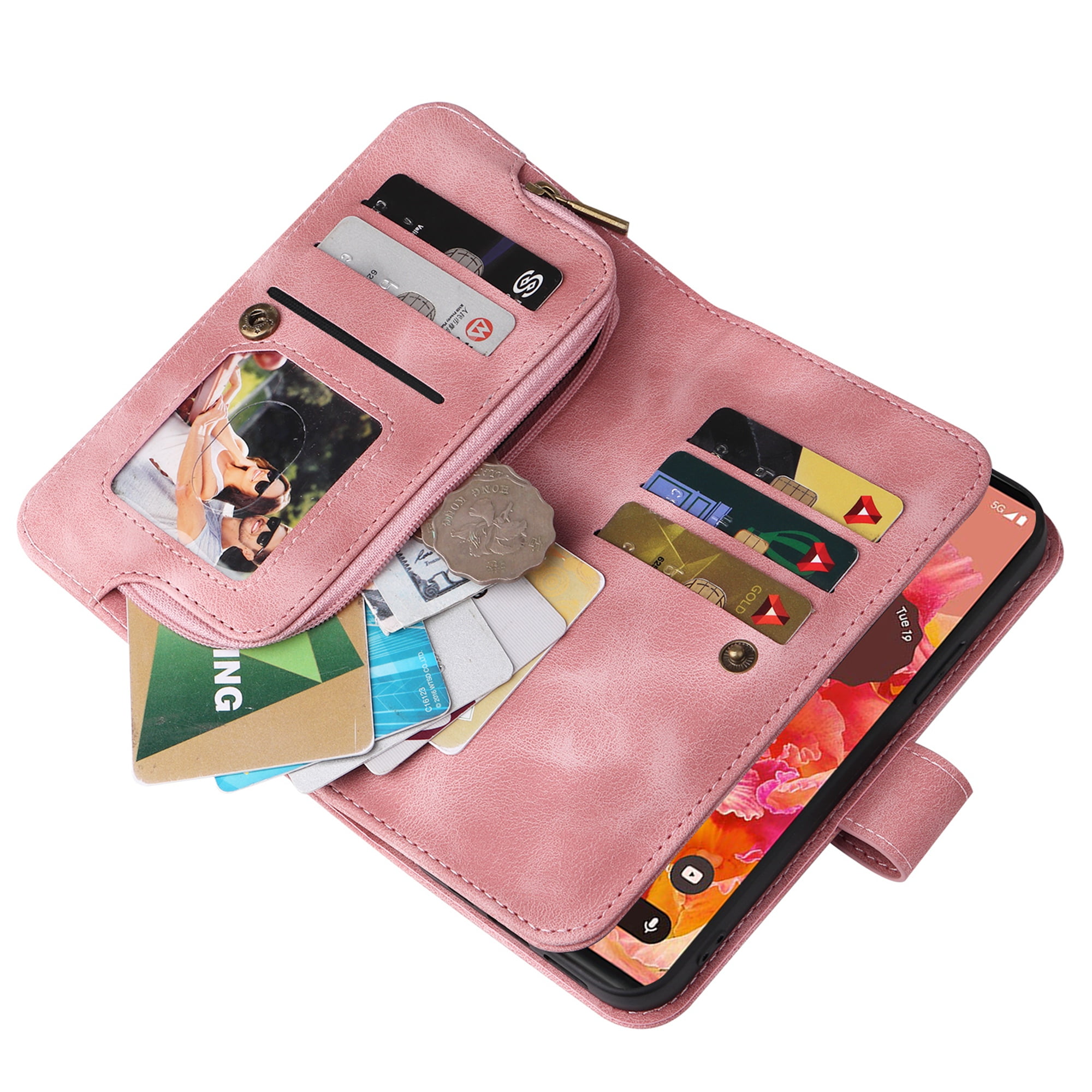 Dteck Crossbody Wallet Magnetic Phone Case for iPhone 13 Pro, Premium PU Leather Handbag Zipper Pocket with Lanyard Shoulder Strap Wristlet Folio Flip Case for Apple iPhone 13 Pro,Pink