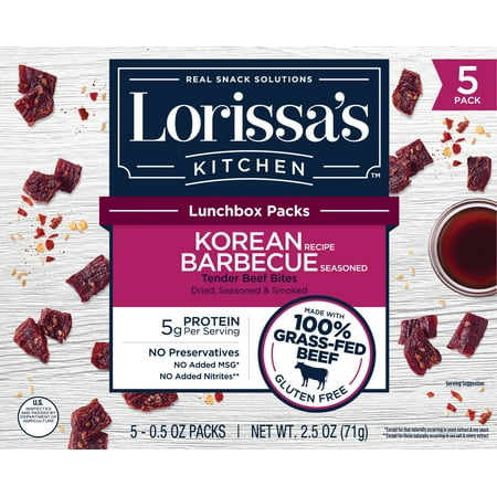 Lorissa's Kitchen Beef Bites, Korean Barbecue. Meat Snack Packs, 5ct 0.5oz
