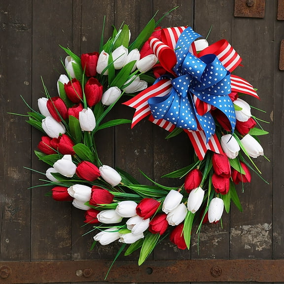 EGNMCR Spring Wreath Red And White Tulips, Independence Day Wreath, Large Bow Simulation, Door Hanging, Wall Hanging, Festive Decorations For Wedding Home Office Party Decoration