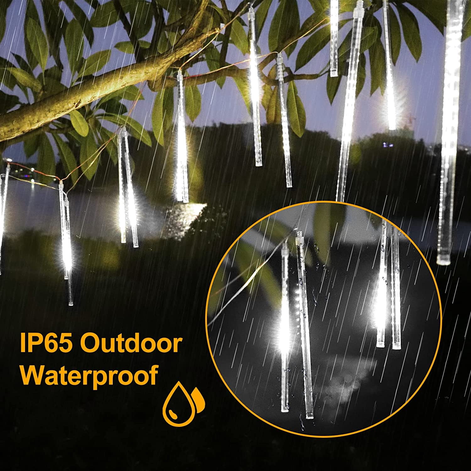 Waterproof Falling Rain Lights Meteor Shower Lights 10 Tube LED Icicle Cascading String Lights for Christmas Halloween Holiday Decoration Garden Outdoor Trees Wedding Party