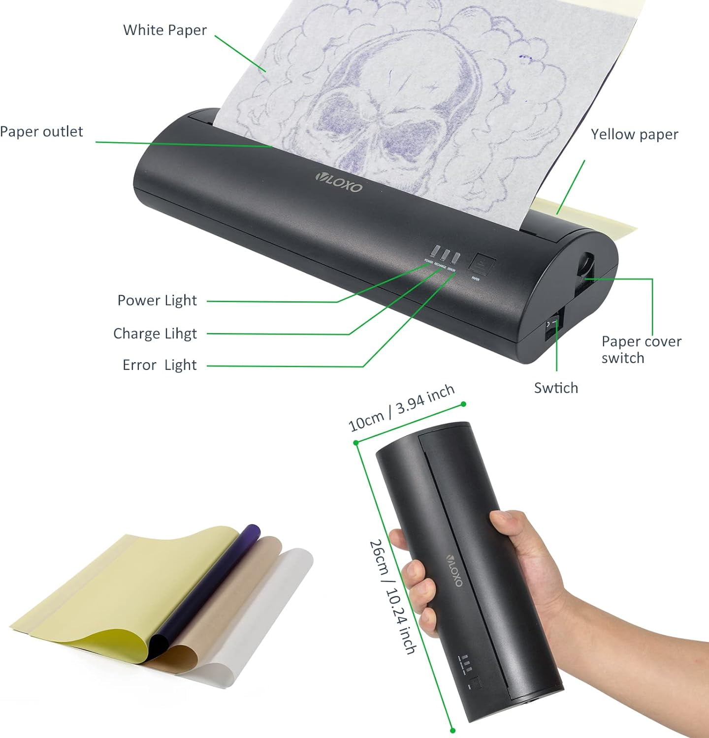 INKCHUM Tattoo Stencil Printer Bluetooth Tattoo Printer with 10pcs Transfer  Paper, 2500mAh Stencil Printer for Tattooing Compatible with iOS,Android