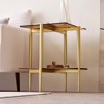 thumbnail image 4 of Rectangle Coffee Table Mid-Century Modern Design L W x H for Living Room - Structure Amber Glass Top and Walnut MDF Shelf Sleek Conical Metal Legs with Gold Finish, 4 of 9
