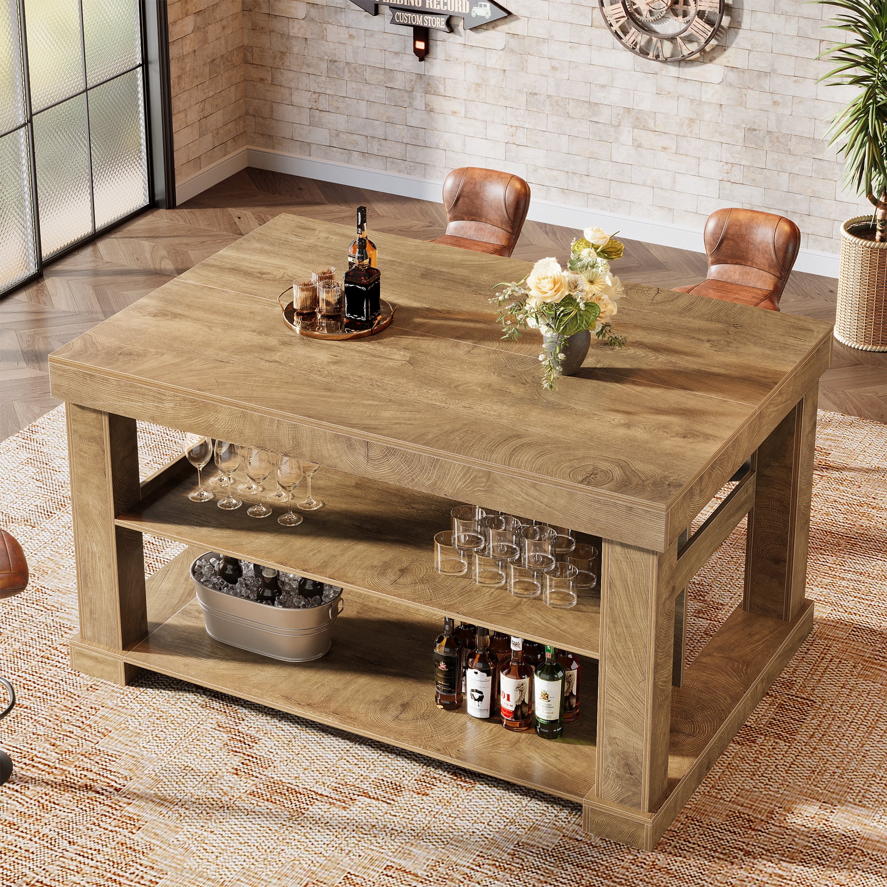 Finmind Kitchen Island with 3 Shelves, 55-Inch Kitchen Shelf with Large Worktop, Stable Wooden Structure, Farmhouse Style, Light Brown
