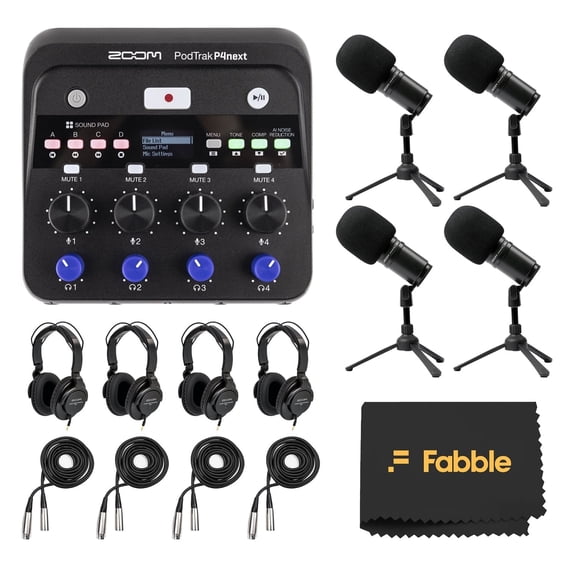 Zoom PodTrak P4next Podcast Recorder Bundle with Four Zoom ZDM-1 Podcast Microphone Packs, Including Headphones, Windscreens, XLR Cables, and Tabletop Stands for a Complete Recording Setup
