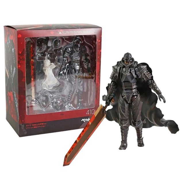 figura articulada guts armor berserker skull figma réplica Version Bootleg totalmente nuevo en su caja sellada. Centrado en vista 3/4, figura de acción negra con armadura berserker, capa ondulada y espada larga con vetas rojizas; al fondo caja exhibidora transparente con accesorios visibles, ideal para coleccionistas.