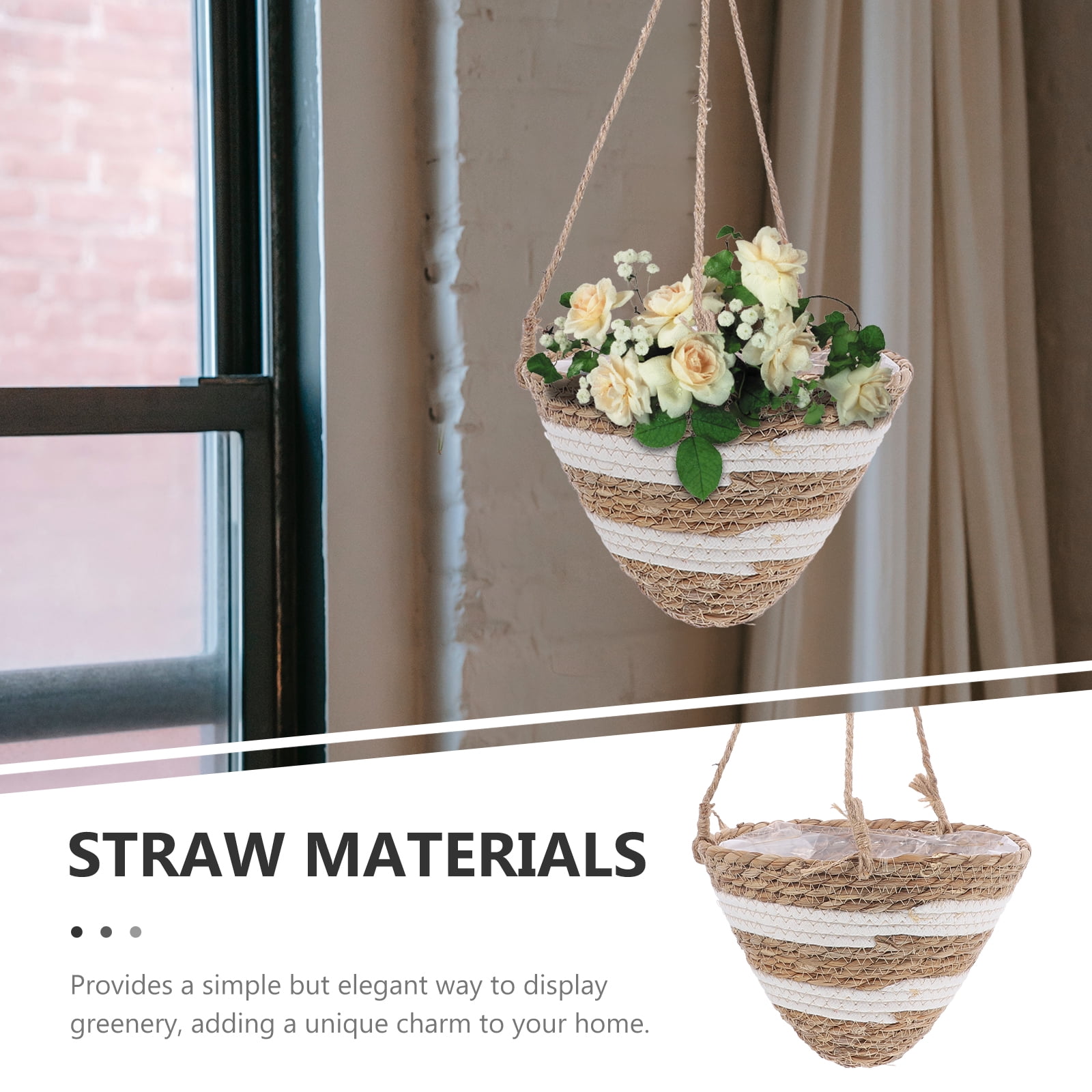 Woven Straw Flower Planter Hanging Basket for Decoration Beige Various Plants